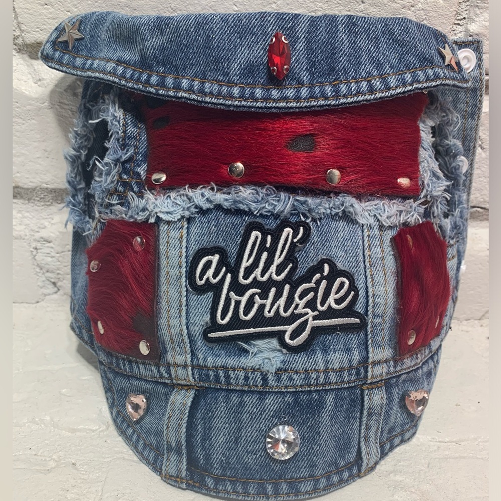 DIY Custom Dog/Cat Denim Rocker Leather Fur Vest Jewels Lil Bougie Jacket